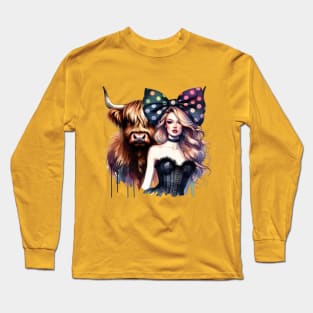 Fashion Model with Highland Cow Long Sleeve T-Shirt